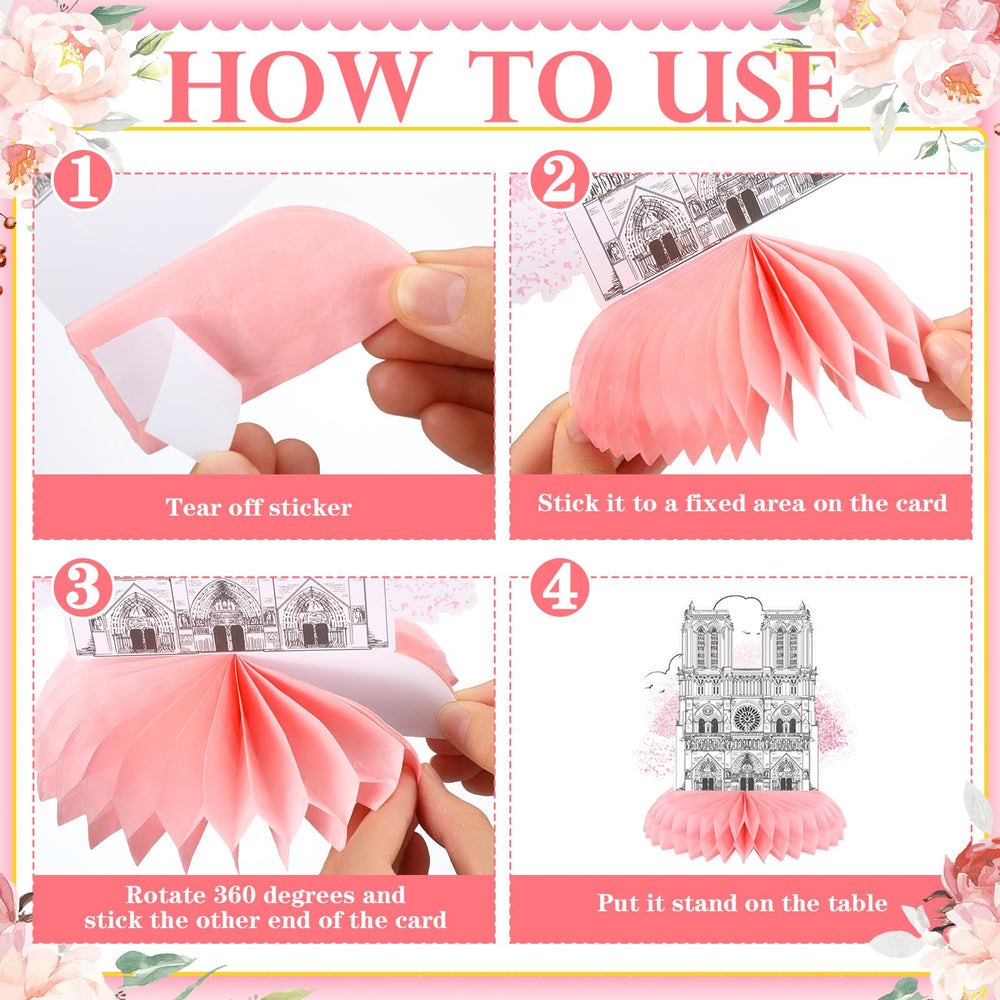 Moinchore pink Paris honeycomb centerpiece adds soft sparkle to tables.