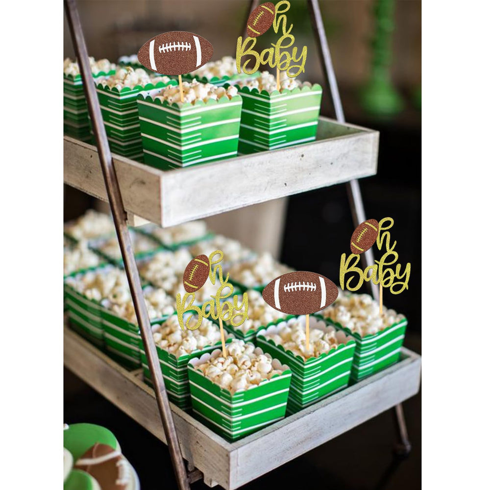 Moitkptt football baby shower topper for festive dessert display.