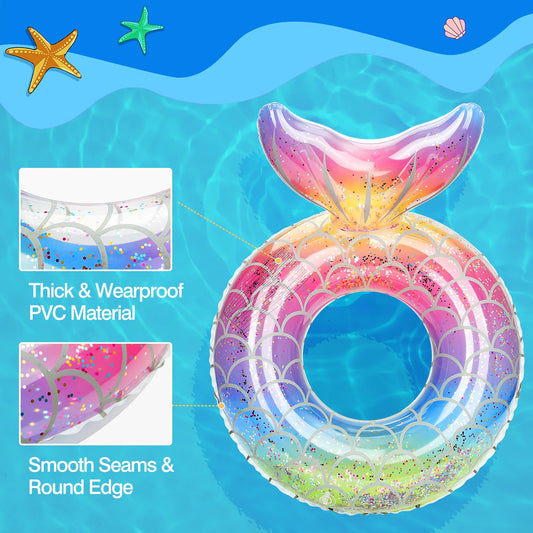MoKo kids pool float with bright colors and fish-tail shape for easy spotting and fun.