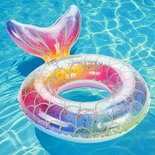 MoKo inflatable swimming ring with rainbow-silver scales, highly visible for safer water play.