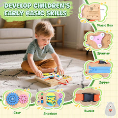 MoKo Busy Board wooden gears rotate to boost tactile exploration and problem-solving.