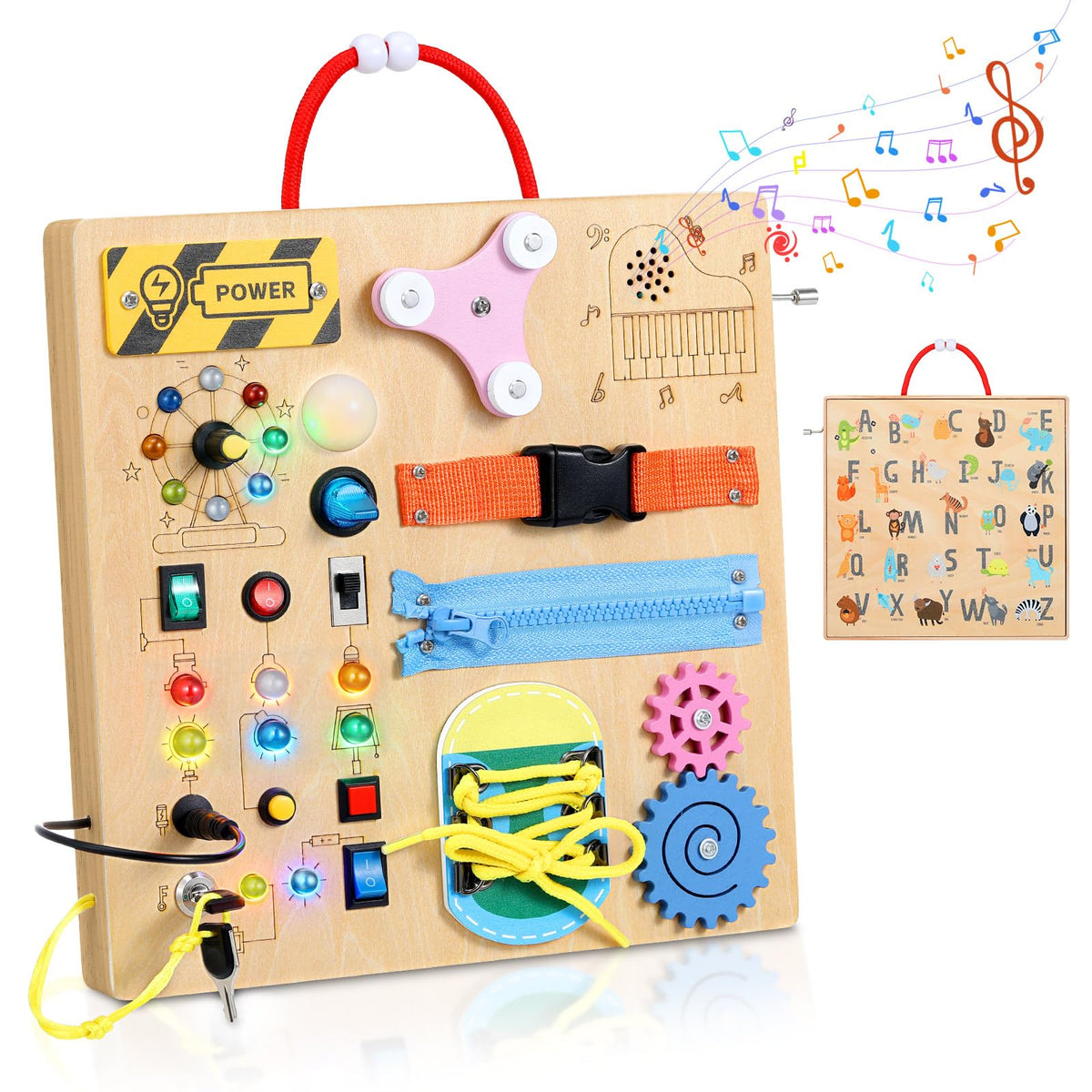 MoKo Montessori Busy Board LED switches illuminate colors for visual learning.