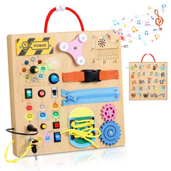 MoKo Montessori Busy Board LED switches illuminate colors for visual learning.