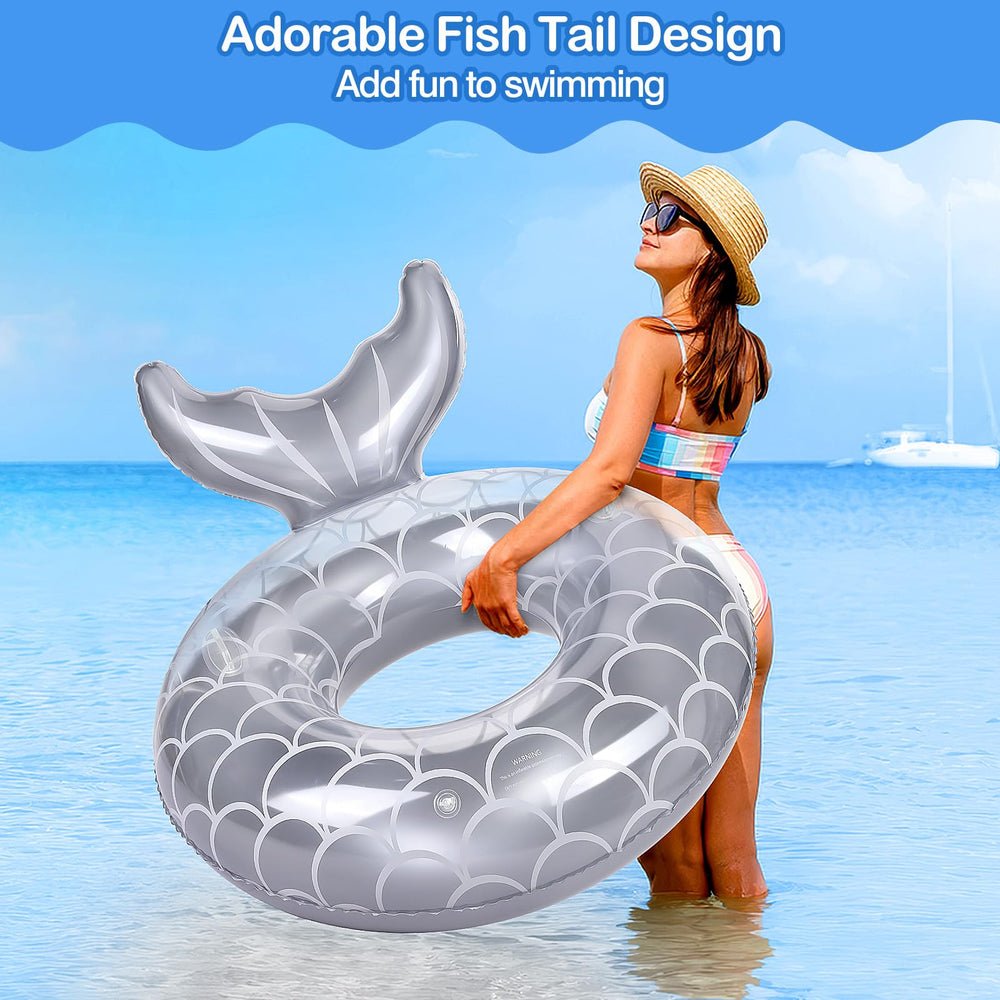 MoKo pool float with bright colors and fish-tail design boosts visibility.