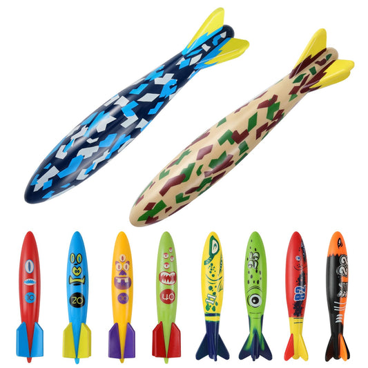 MoKo large camouflage pool torpedo front view for underwater retrieval practice.