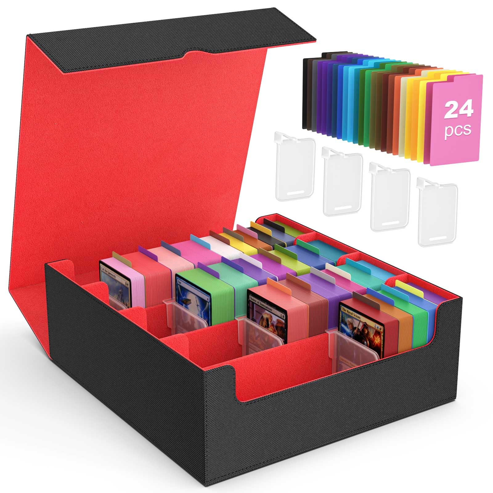 MoKo trading card storage box with four supporters keeps decks upright for easy access.
