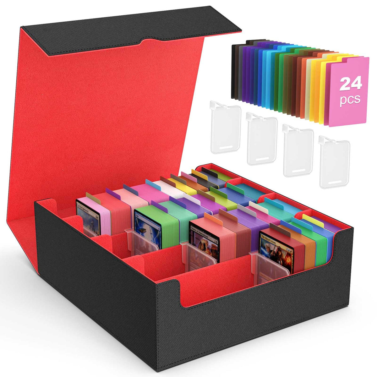 MoKo trading card storage box with four supporters keeps decks upright for easy access.