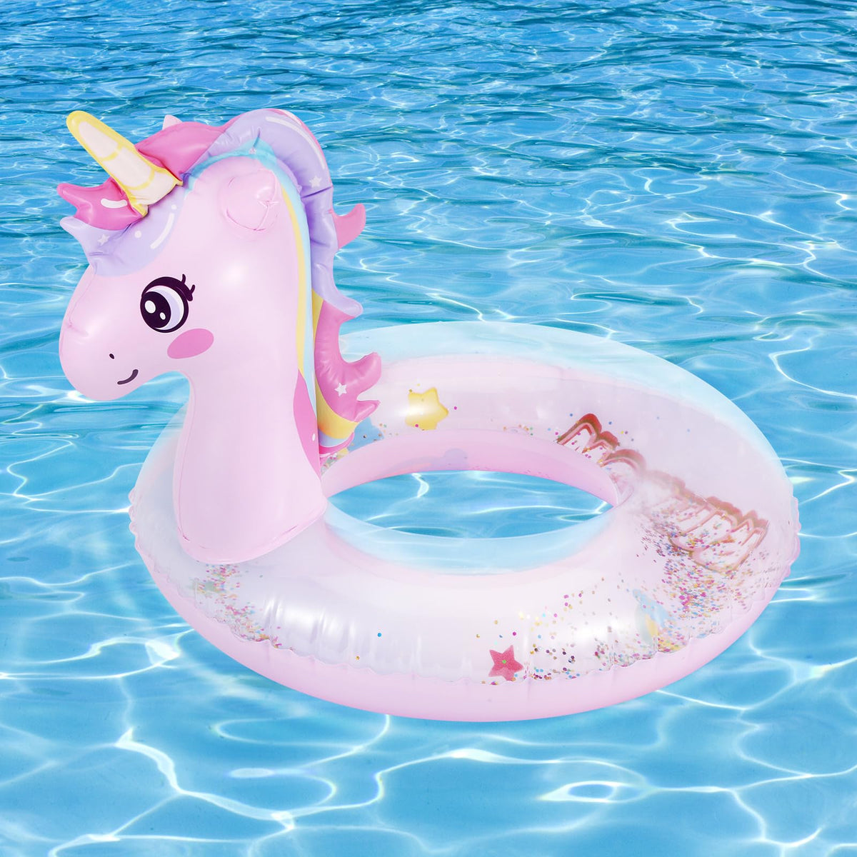 MoKo unicorn glitter pool float in pink, ideal for sunny pool days.