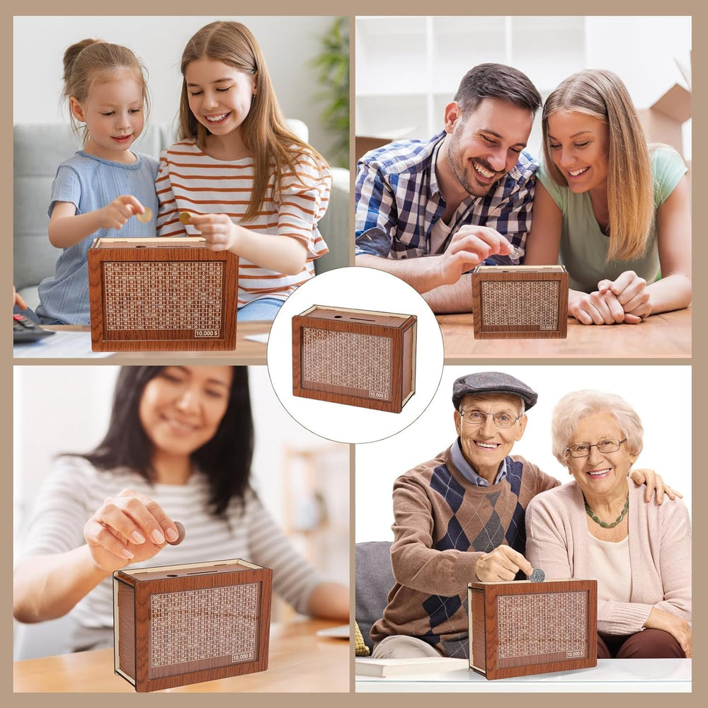 Eight target sheets show savings milestones from 500 to 10000