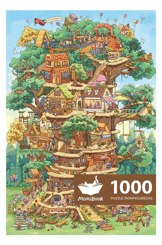 MOMIBOOK Tree House Expedition puzzle cover with vibrant artwork for engaging family puzzle nights.