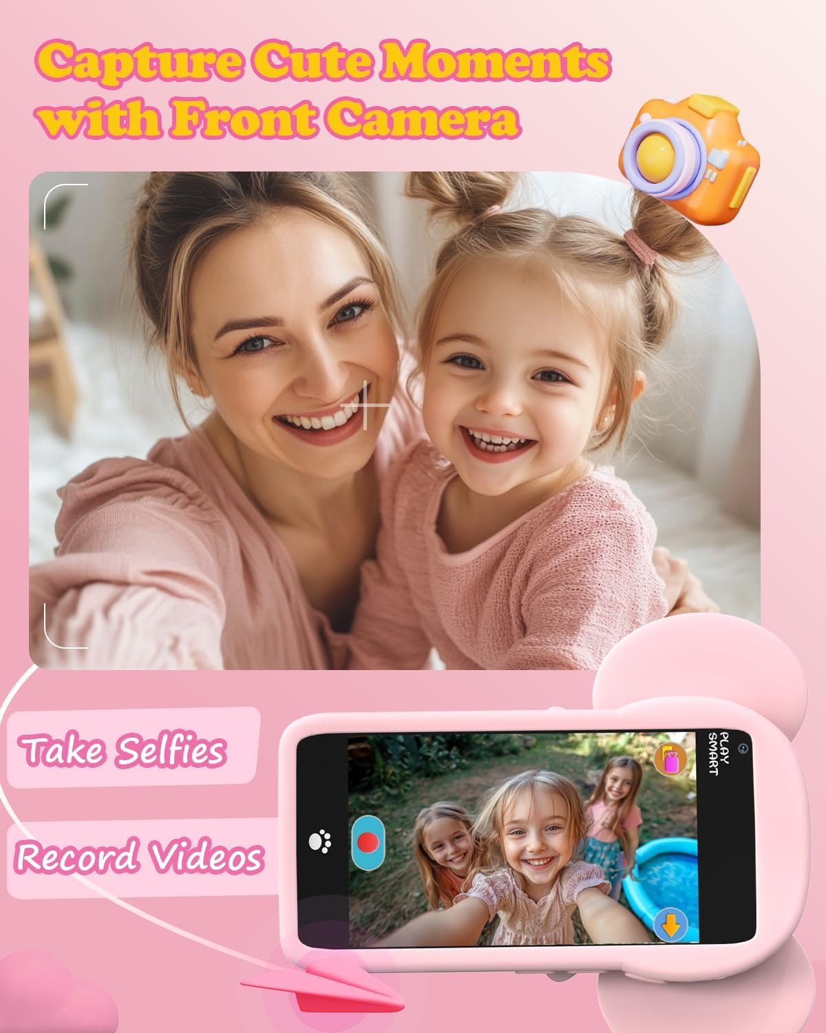 Momilla Kids Phone screen with game icons emphasizes 220+ educational activities.