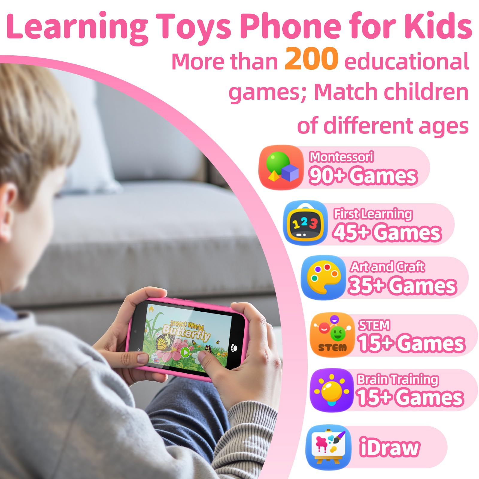 MOMILLA Kids Smart Phone back view with playful photo effects.