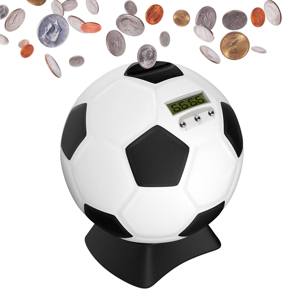 MOMMED soccer piggy bank front view with LCD display for easy tracking.