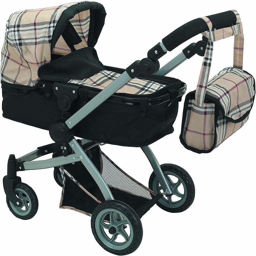 Mommy & Me Babyboo doll pram in beige plaid, foldable for easy storage and play