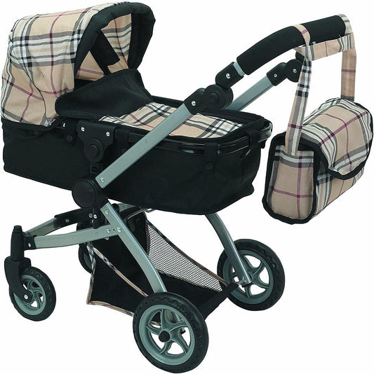 Mommy & Me Babyboo doll pram in beige plaid, foldable for easy storage and play