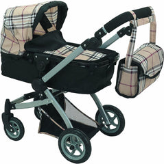 Mommy & Me Babyboo doll pram in beige plaid, foldable for easy storage and play
