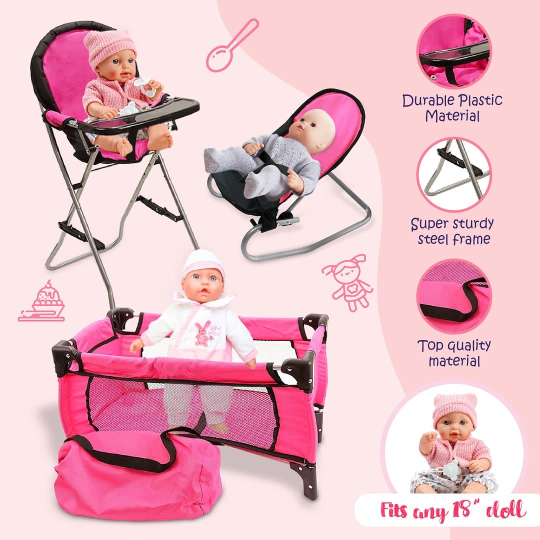 Mommy & Me pink doll bouncer seat supports soothing play for 18-inch dolls.