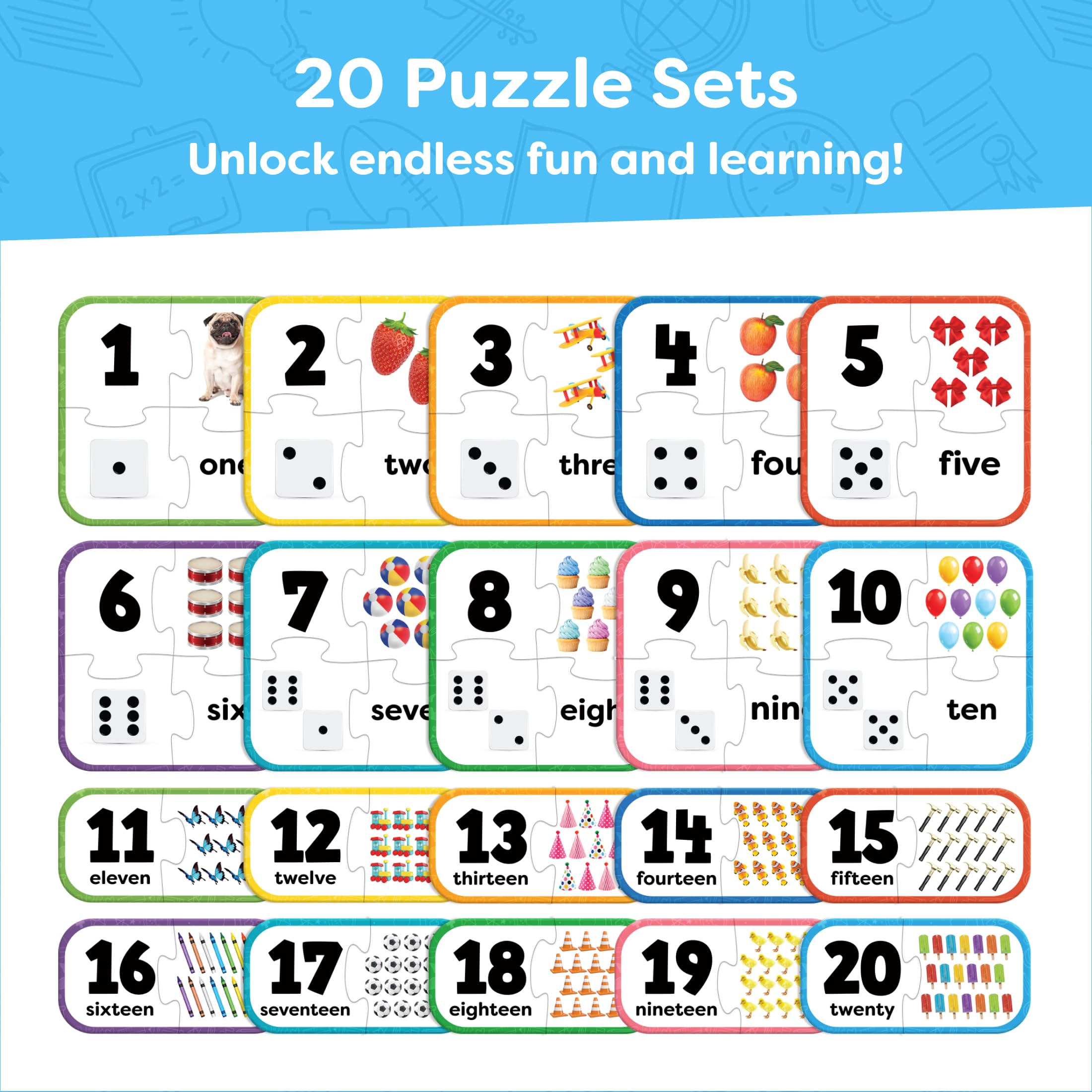 Momo & Nashi twenty self-correcting puzzles aid toddlers in number recognition and counting.