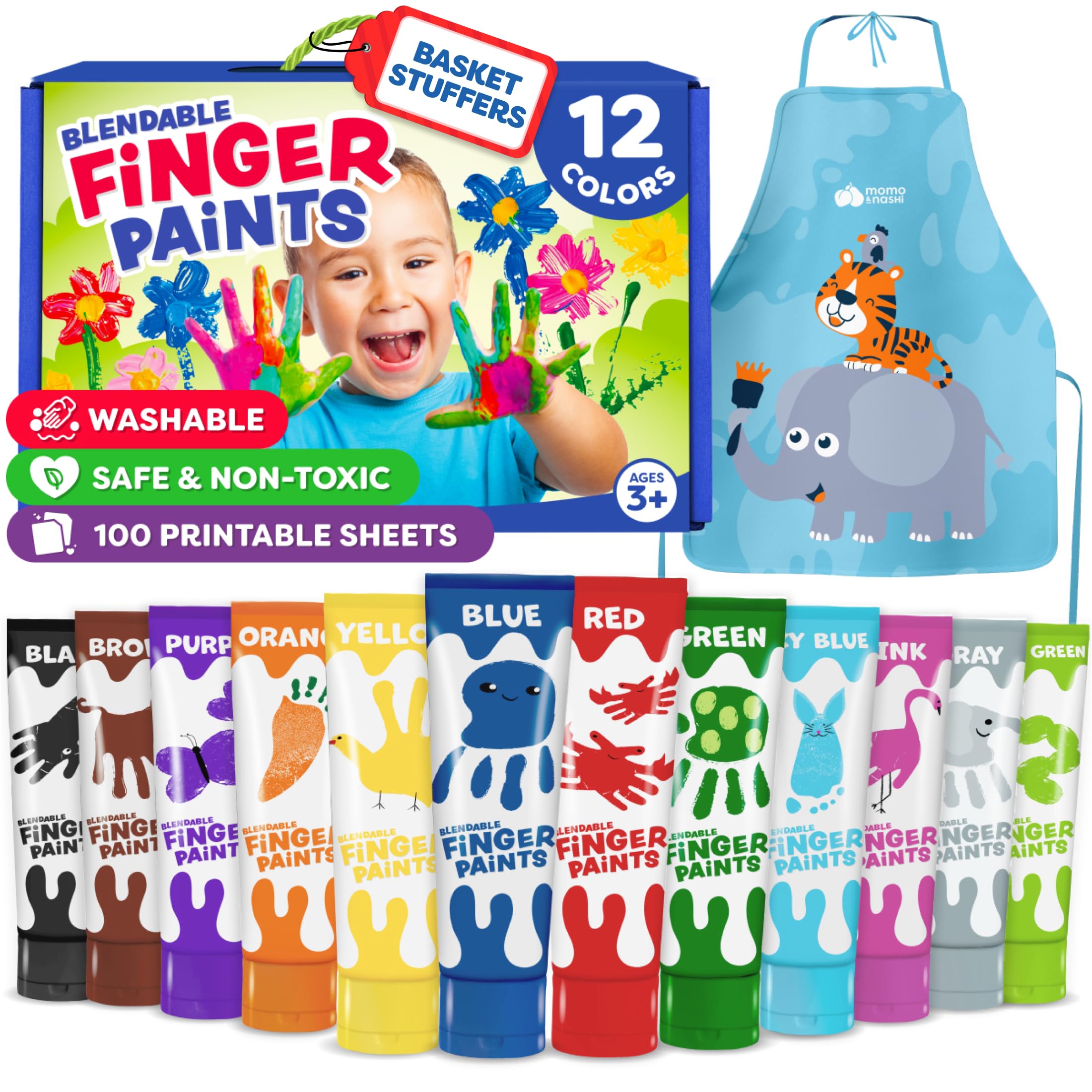Momo & Nashi finger paint with 12 vibrant colors for creative toddler art projects