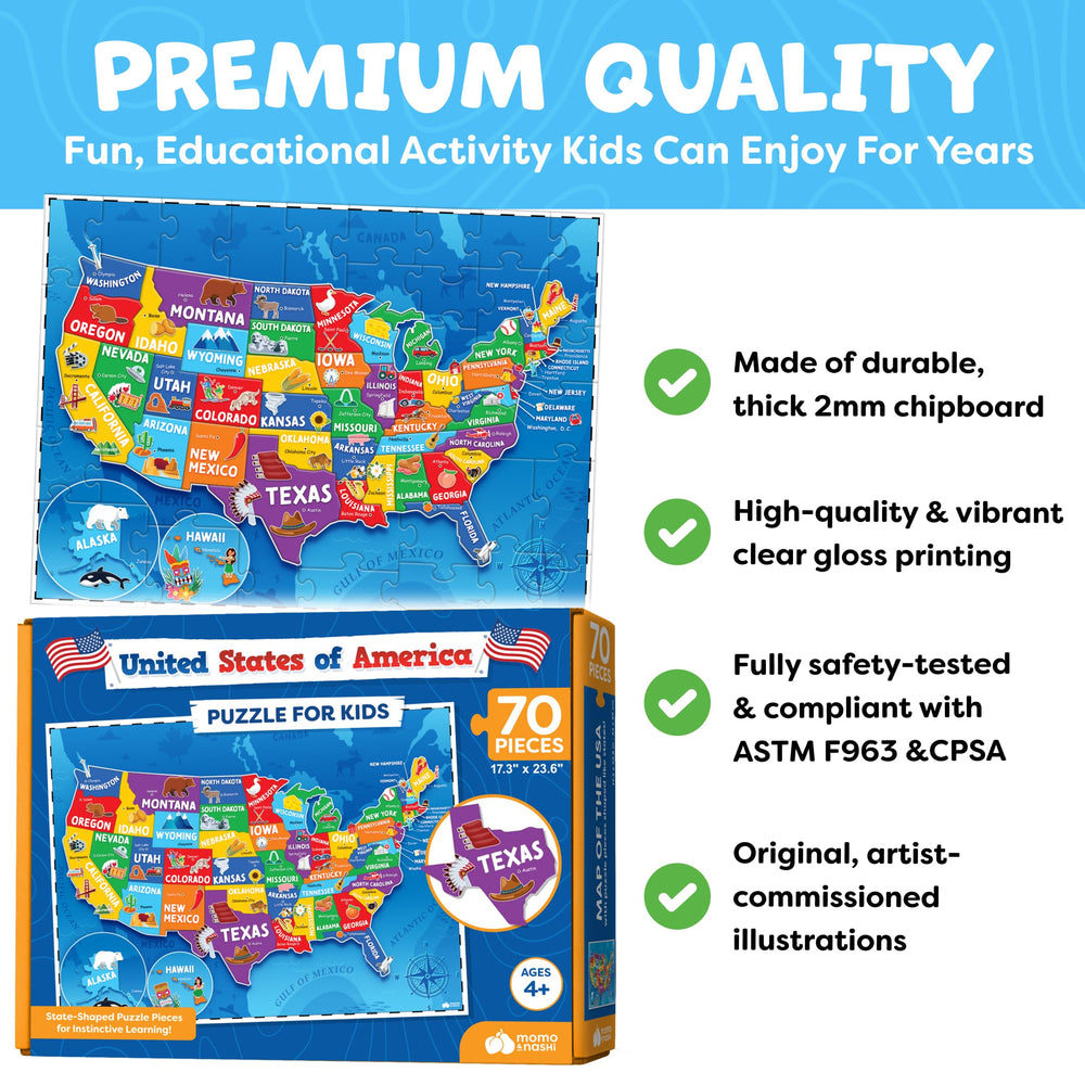 Momo and Nashi states capitals map puzzle helps kids learn locations and capitals.