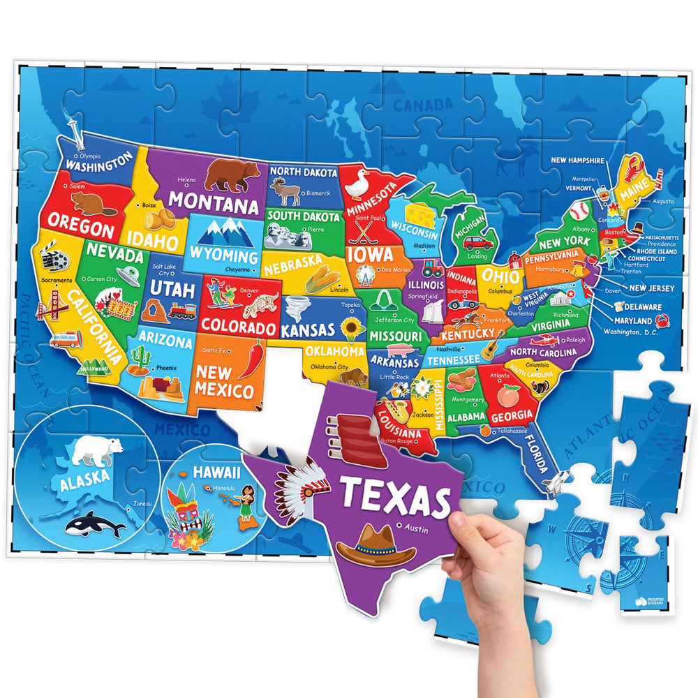 Momo and Nashi USA map puzzle 70-piece for geography exploration and spatial reasoning.