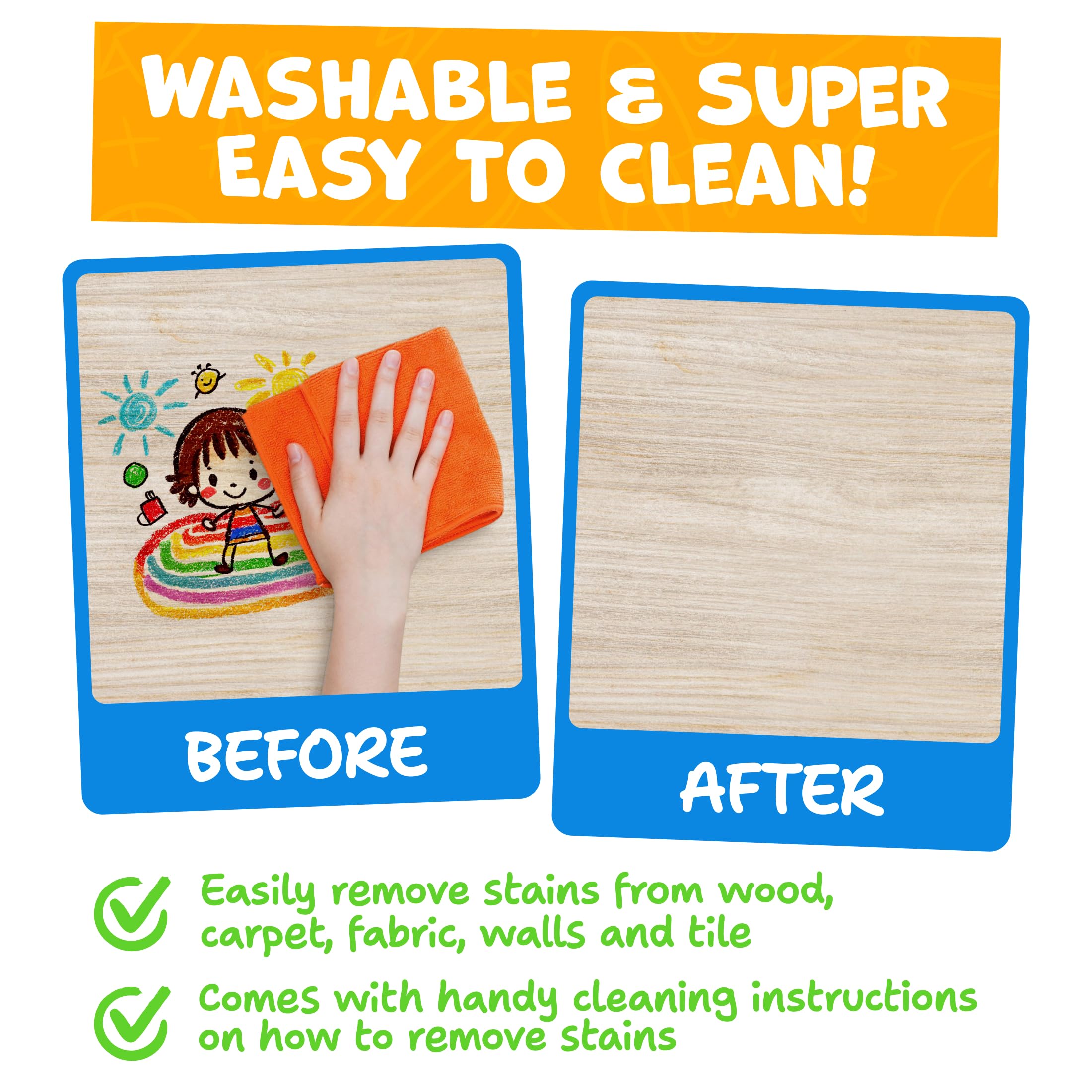 Washable finish on Momo & Nashi crayons cleans easily from skin and fabrics.