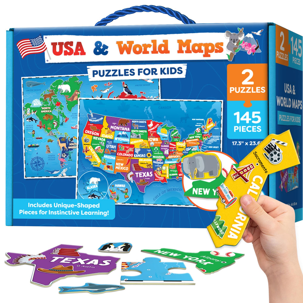 Momo & Nashi world map puzzle 145pc promotes geography learning through hands-on play.