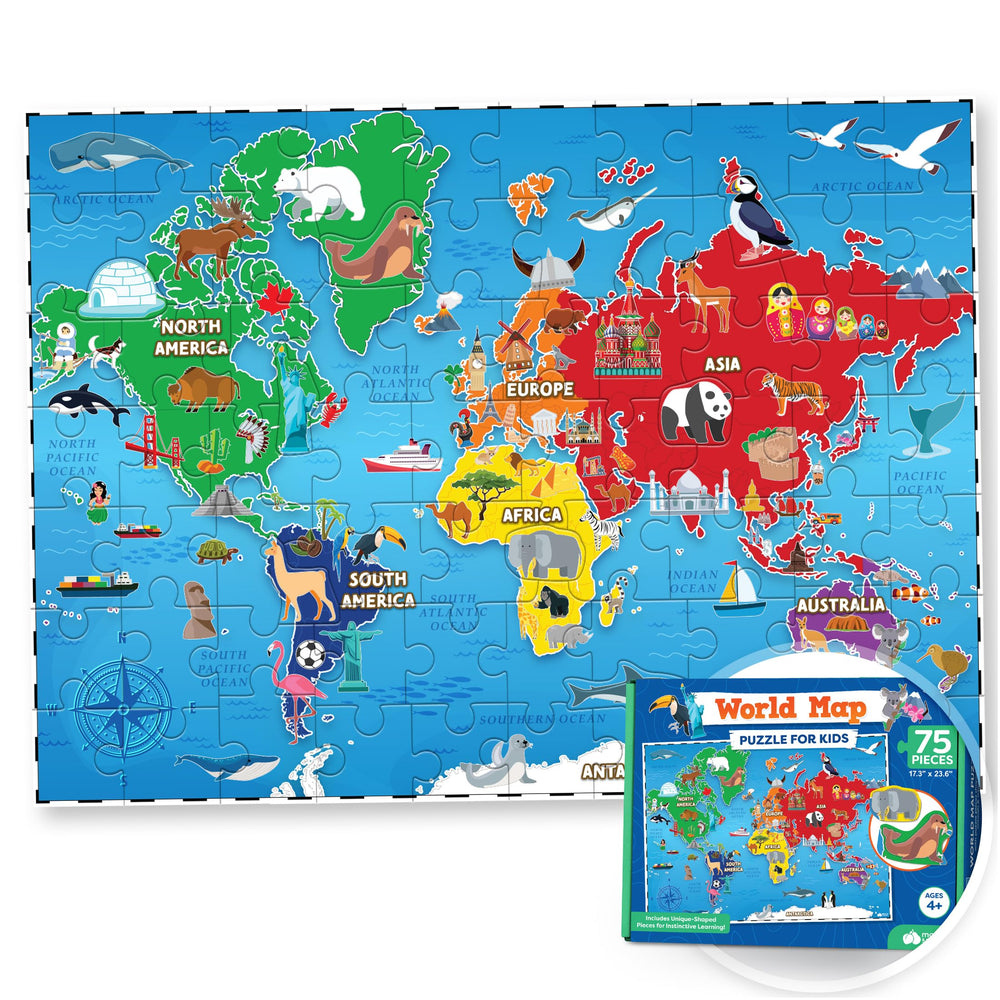 Momo & Nashi world map puzzle with 75 pieces for hands-on geography learning