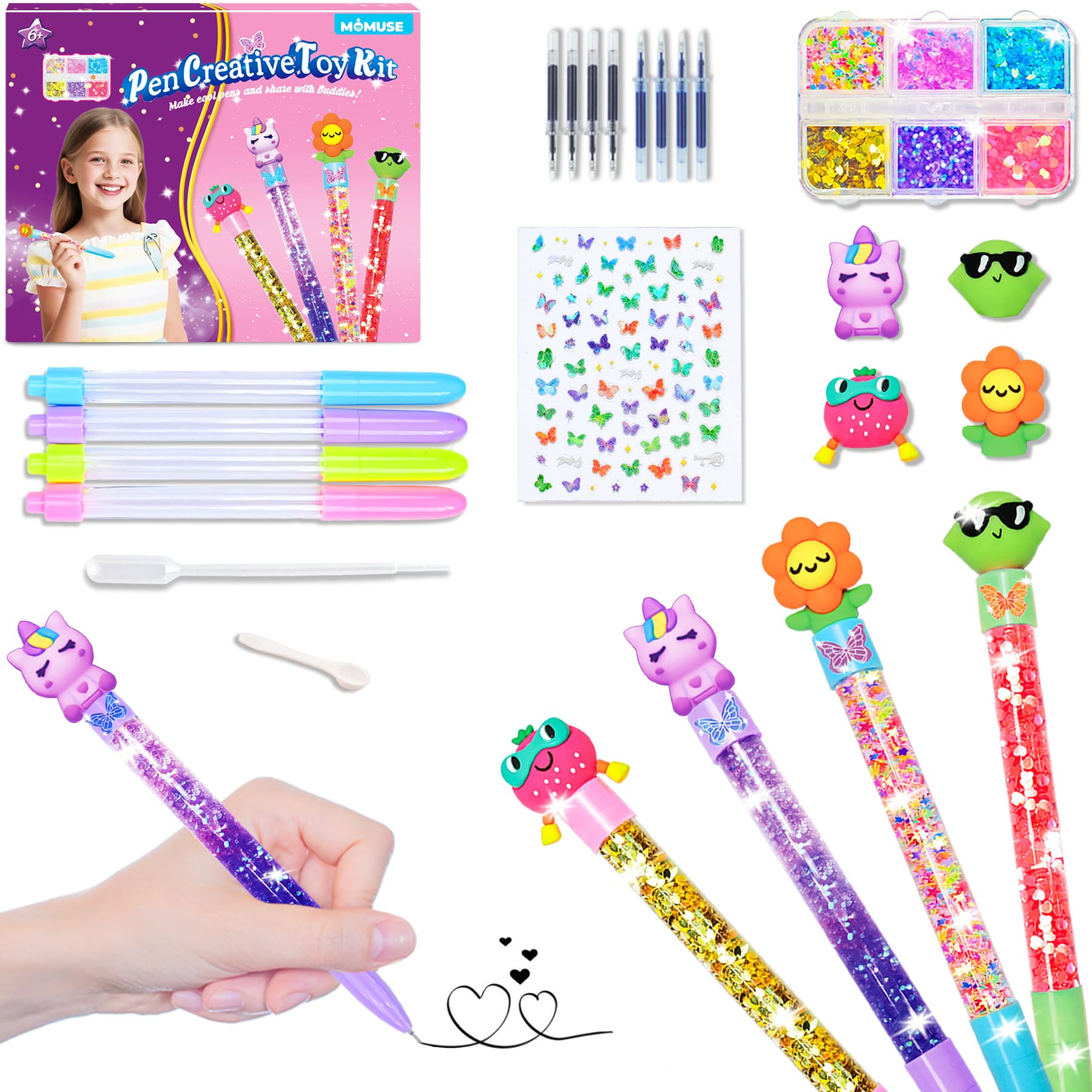 MOMUSE DIY pen kit contents showing glitter and tools for crafting