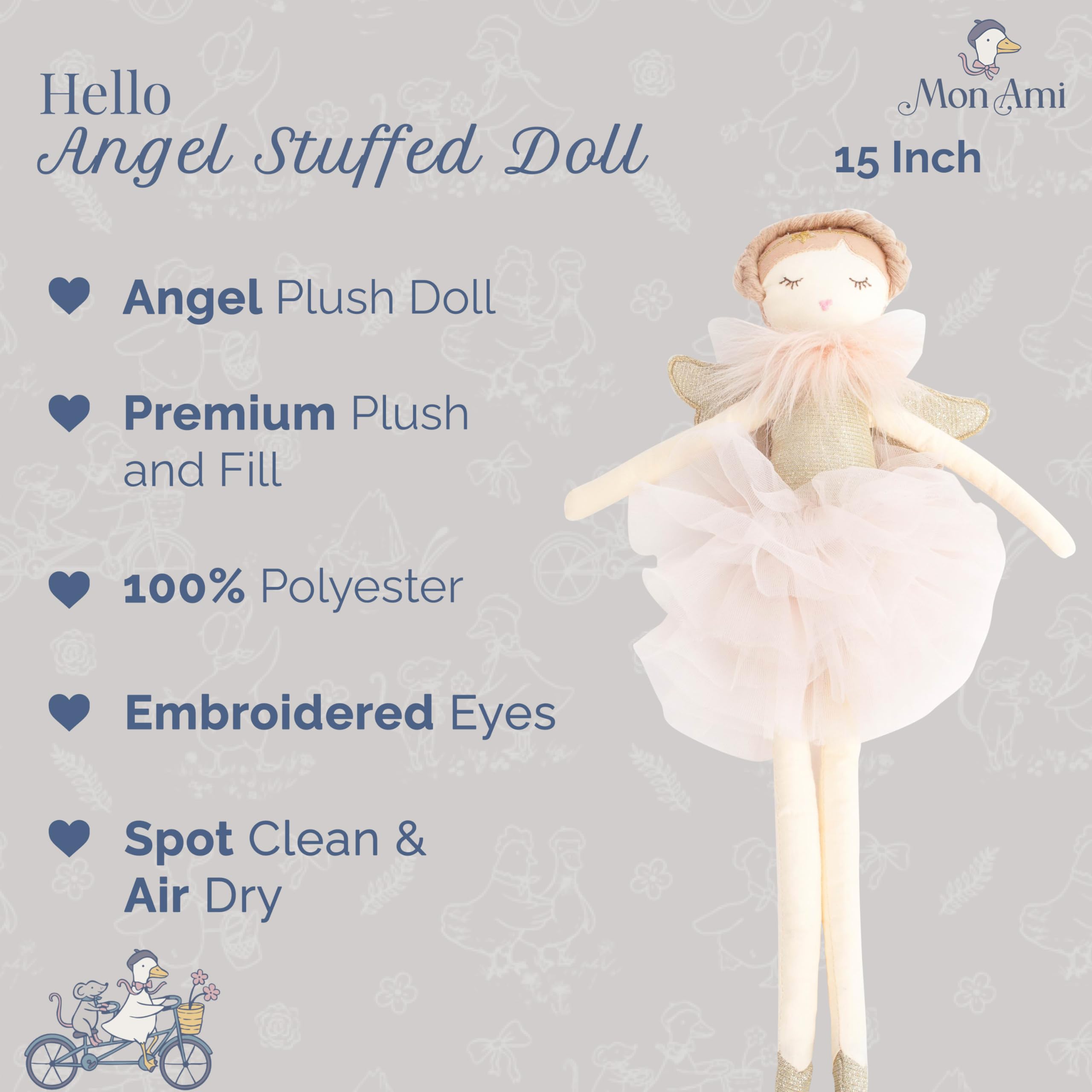 MON AMI Angel stuffed doll hands emphasize easy grasp for little ones.