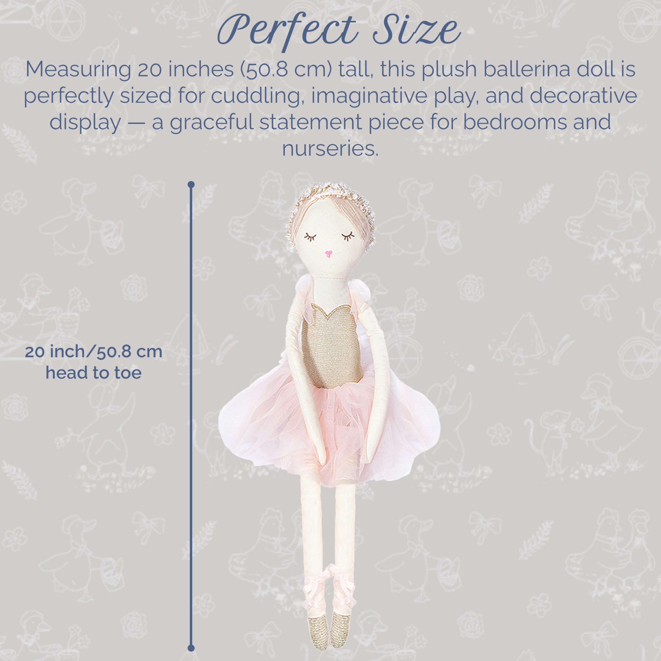MON AMI Ballerina doll embroidered bodice adds charm for everyday cuddles and pretend performances.