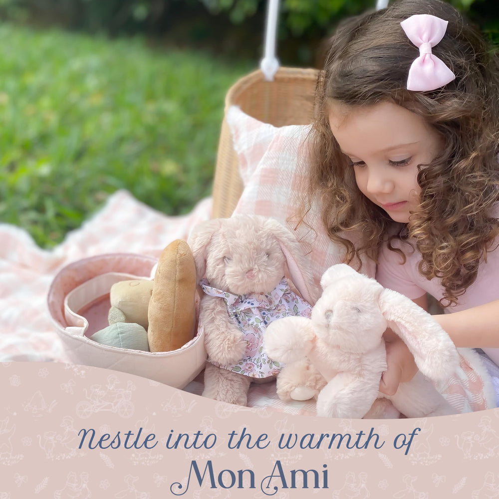 MON AMI Button Bunny Plush trio joins stroller rides for on-the-go comfort.