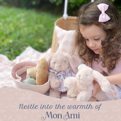 MON AMI Button Bunny Plush trio joins stroller rides for on-the-go comfort.