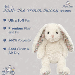MON AMI Faith bunny with floral ears detail for elegant nursery décor.