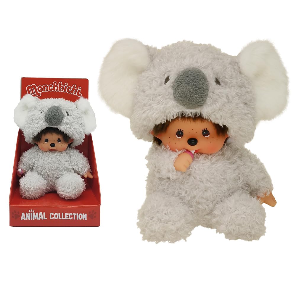 Monchhichi Koala plush on shelf or desk, charming display.