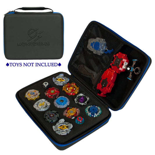 MONGPIENS Battling Tops Case closed, showing convenient carrying handle for portability.