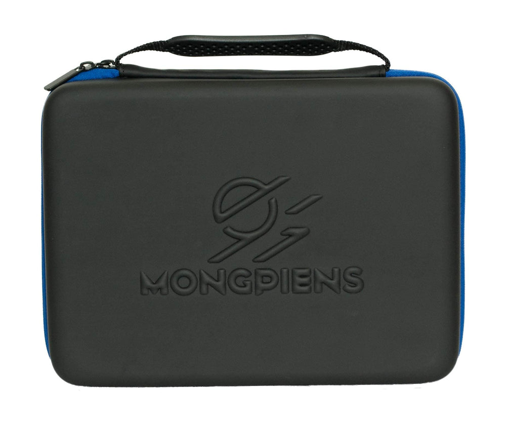 MONGPIENS Battling Tops Case being carried with shoulder strap for travel.