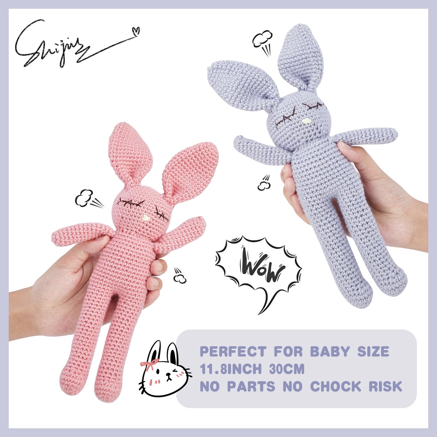 Moni's Choice 11-inch crochet bunny, lightweight cuddle companion.