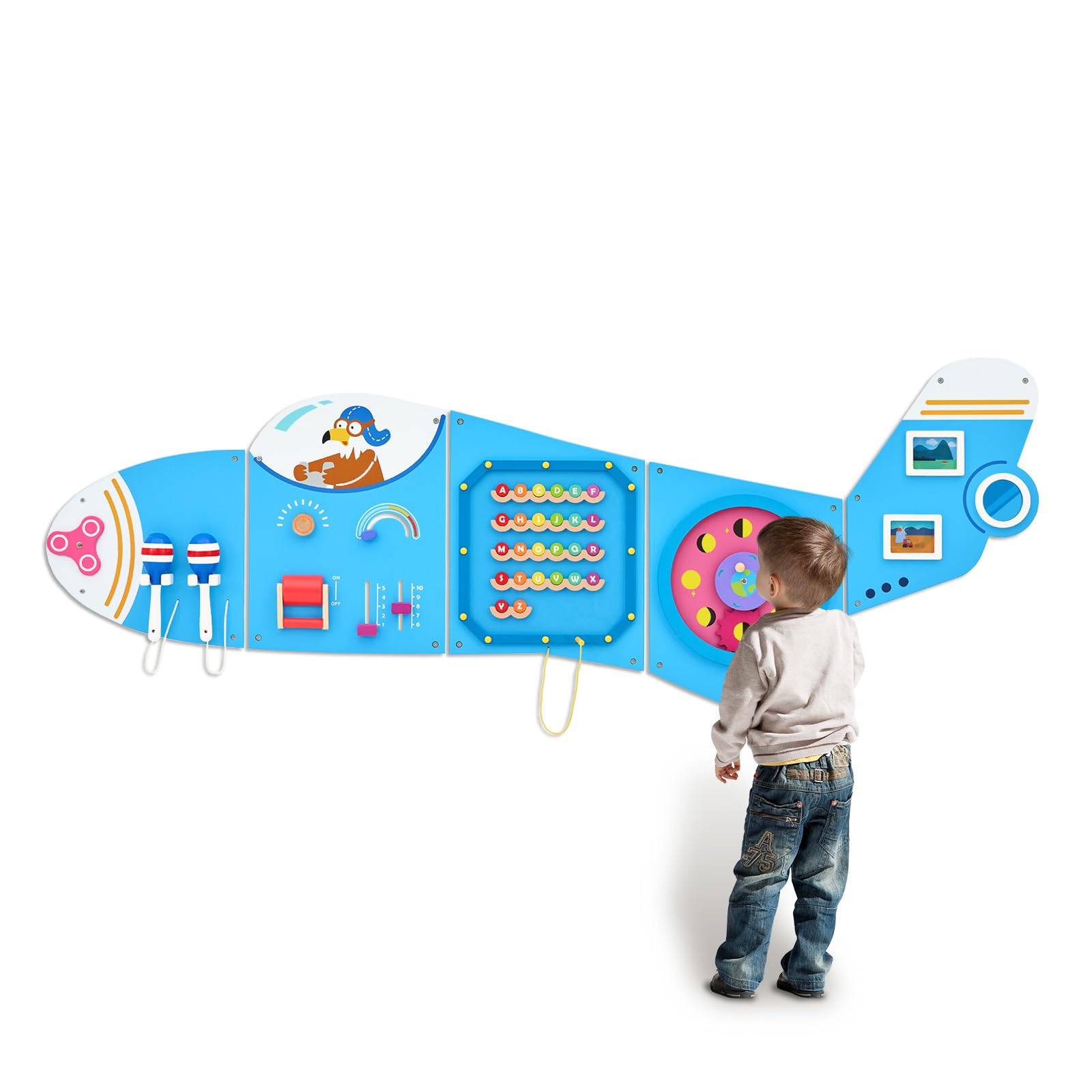 Monläurd wooden airplane wall panel full view showing safe, engaging Montessori play.