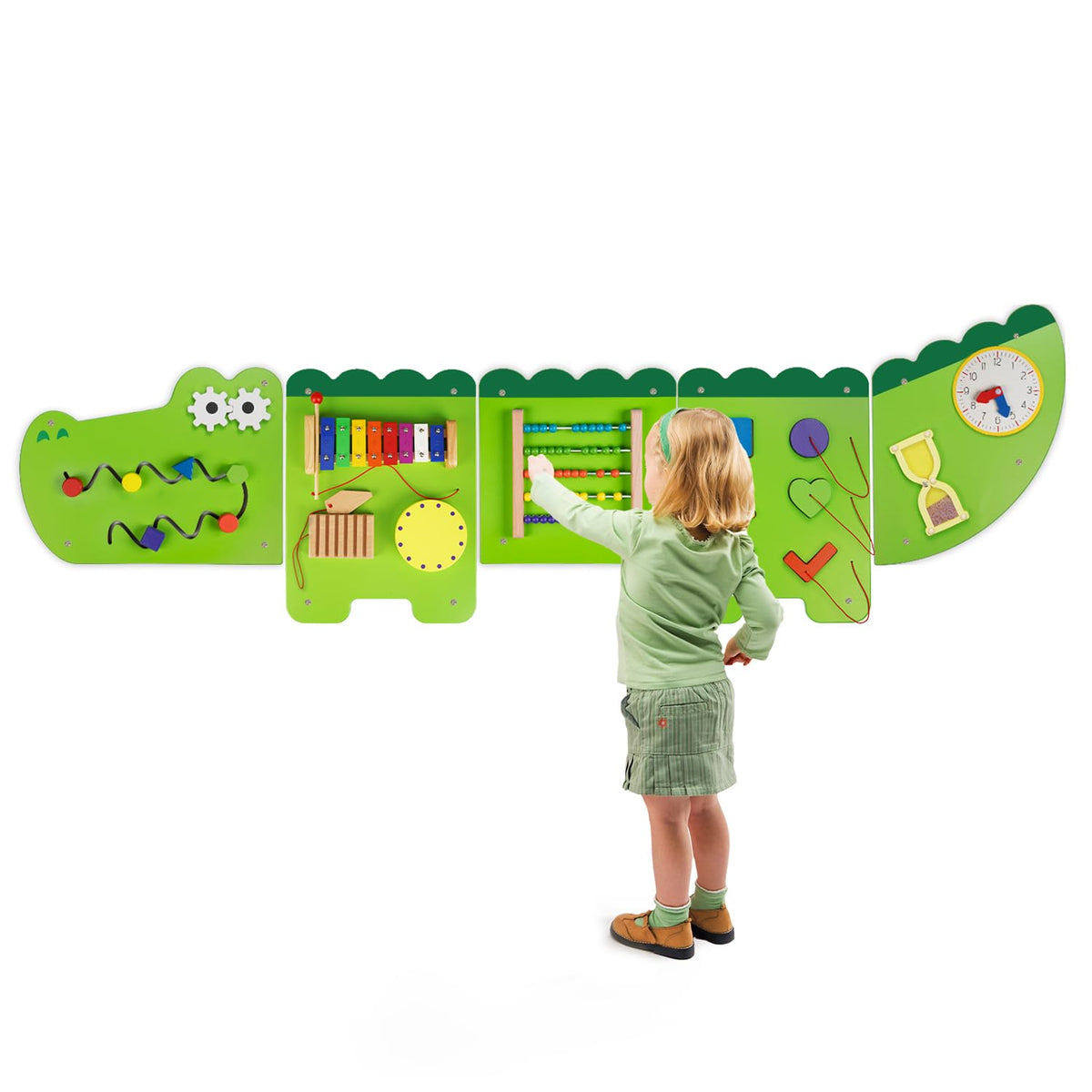 Monläurd Crocodile Busy Board panel close-up showing safe wood for toddlers