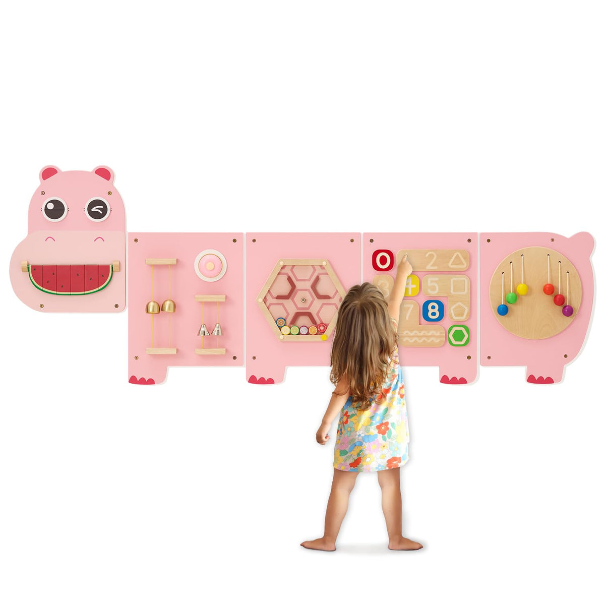 Monläurd Hippo busy board wall panel supports fine motor skills and focus.