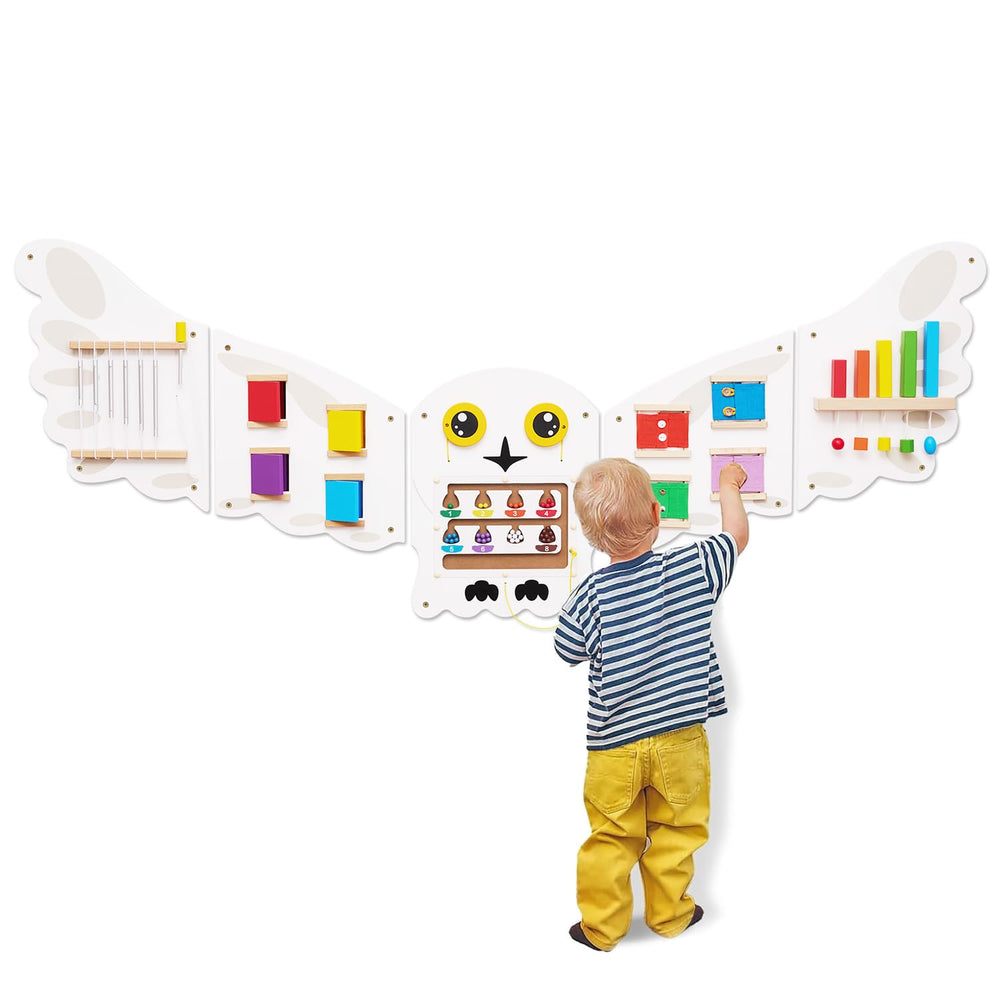 Monläurd Montessori Owl Busy Board wall panel allows tactile exploration and independent play