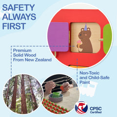Monläurd sensory wall toy close-up highlights tactile gears and zippers for engaged independent play.