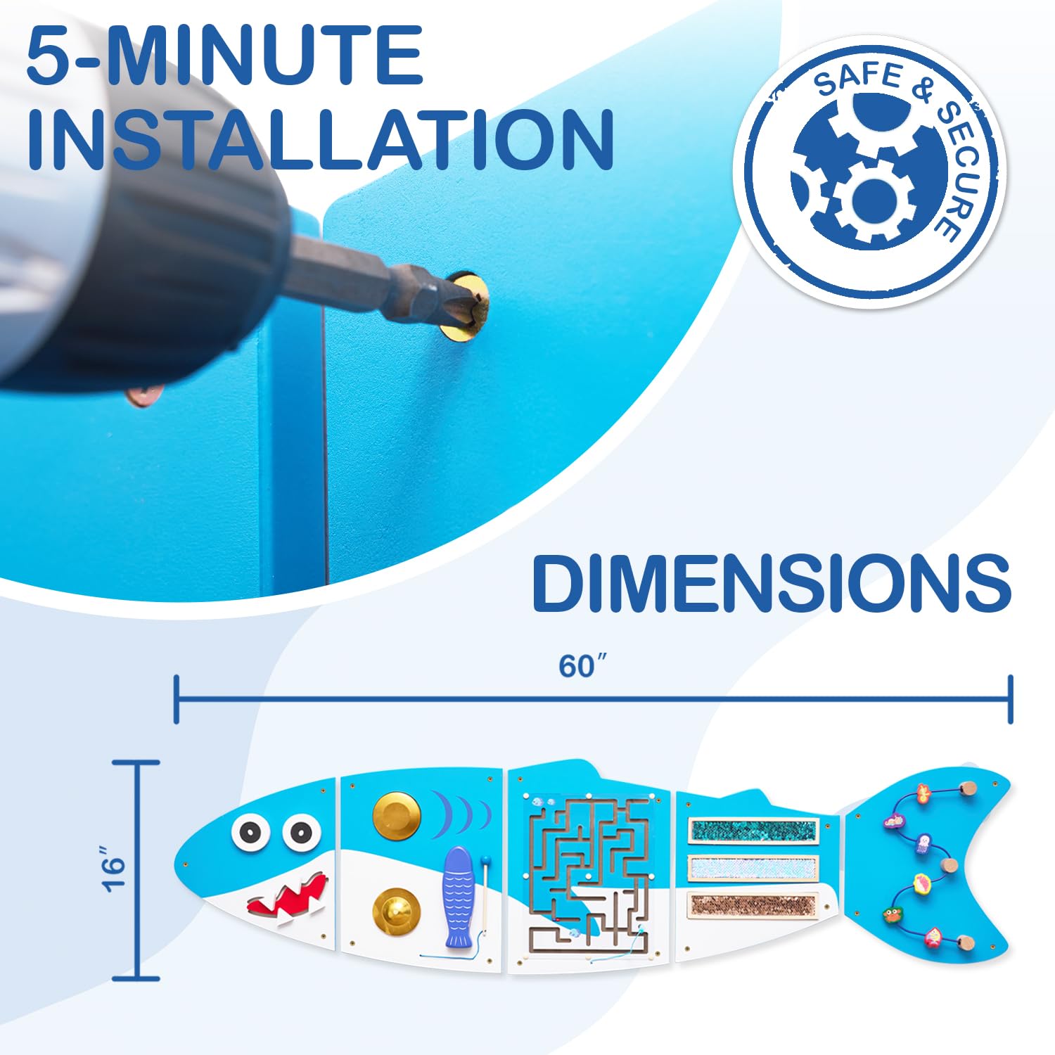 Monläurd Shark Busy Board suitable for daycare and home playrooms.