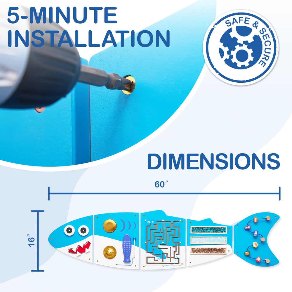 Monläurd Shark Busy Board suitable for daycare and home playrooms.
