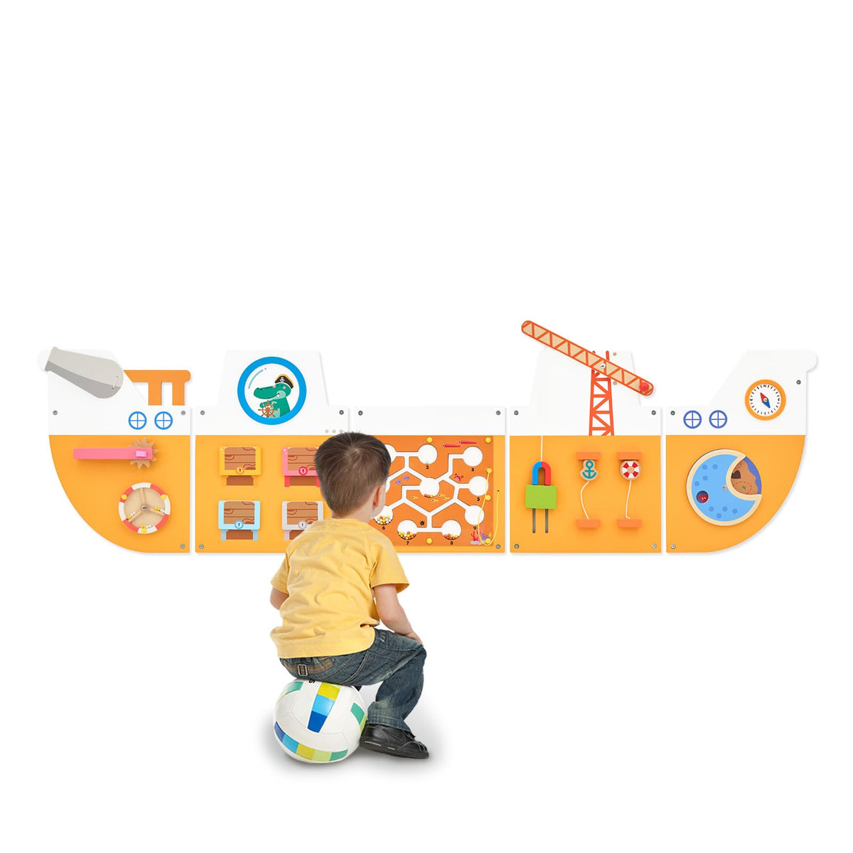 Monläurd Wooden Ship Activity Panel with spinning wheels for fine motor play