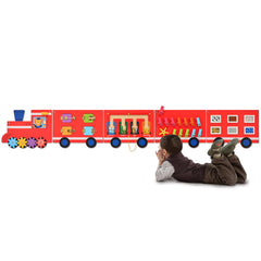 Monläurd wooden train activity panel for playrooms enhances fine motor skills in toddlers.