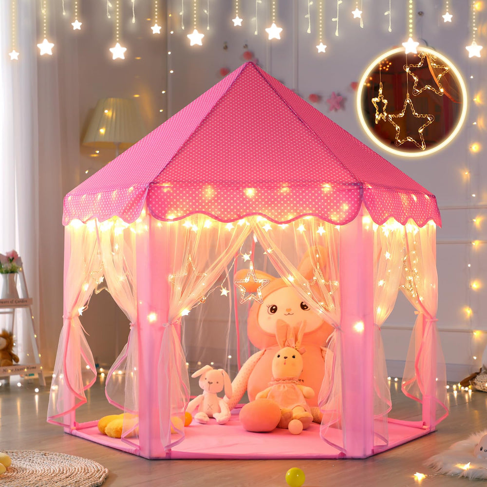 Monobeach Princess Castle Play Tent side view showing roomy interior for three kids.