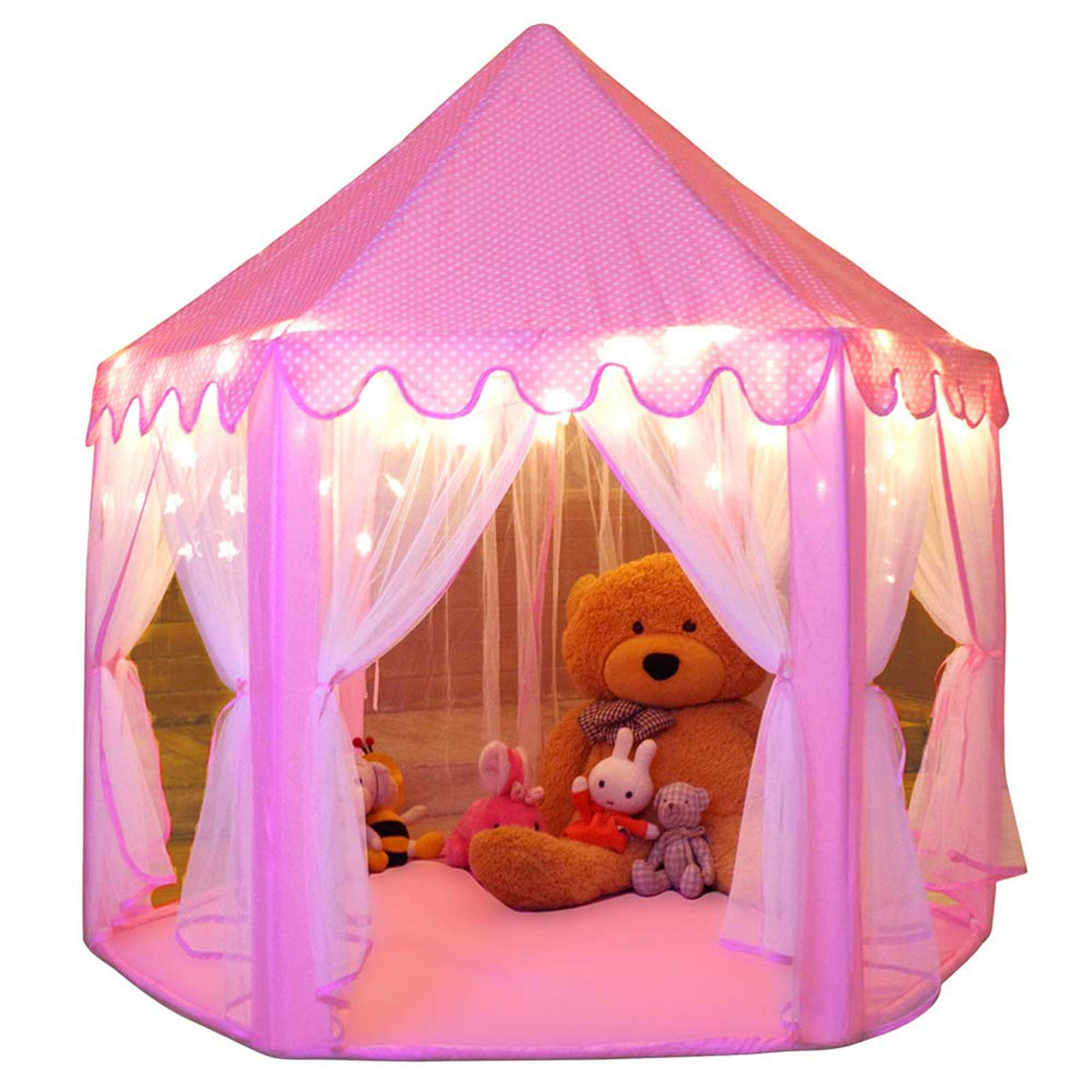 Monobeach Princess Tent front view with star lights for cozy indoor play