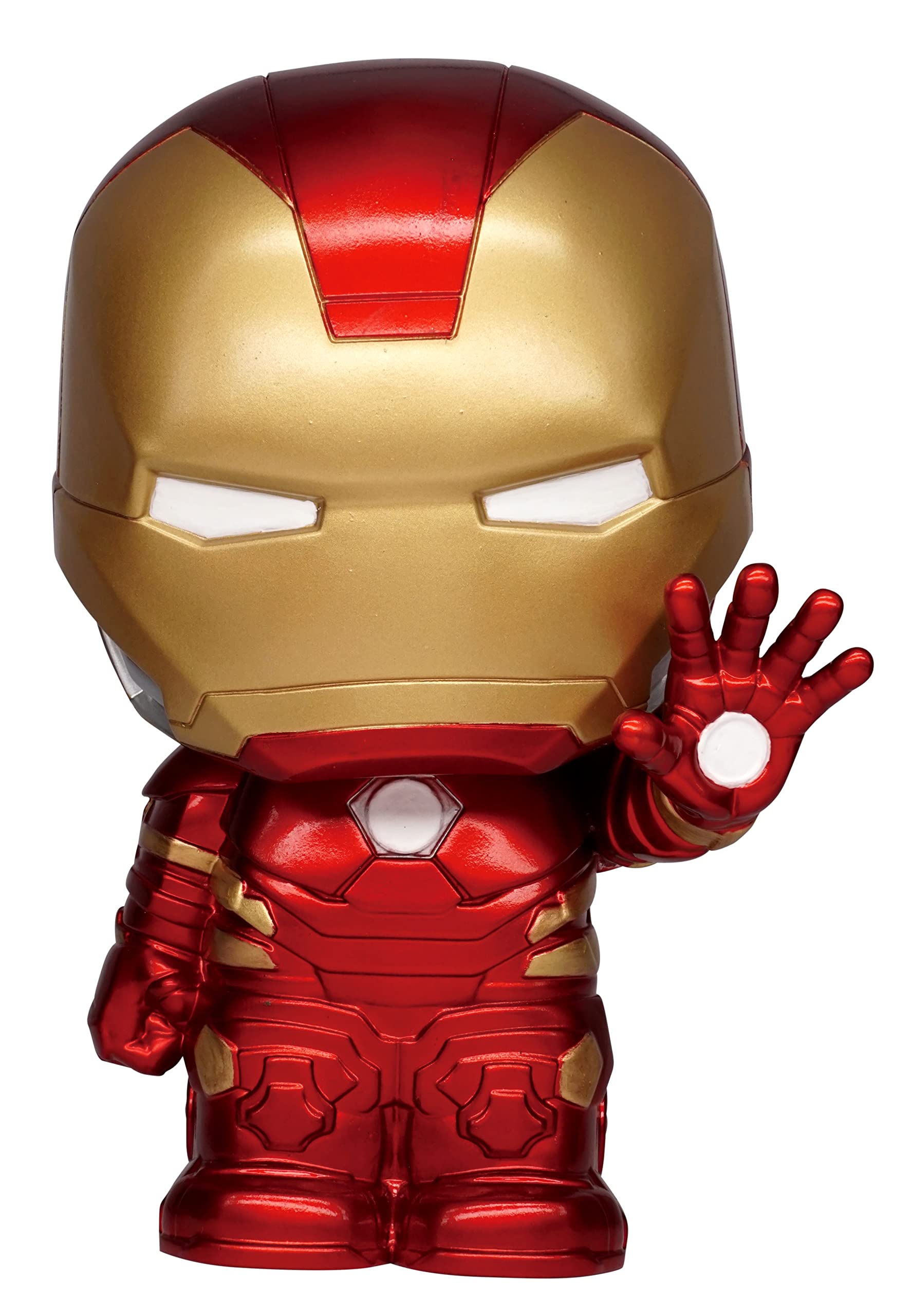 Monogram Iron Man figural bank front view, ideal for saving coins.